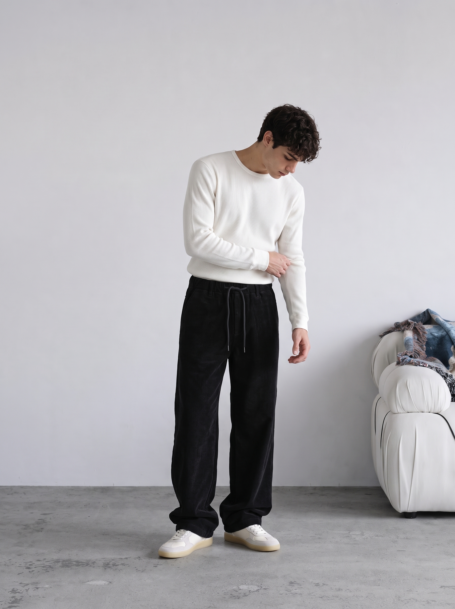 Fitilli kadife Baggy pantolon — SİYAH